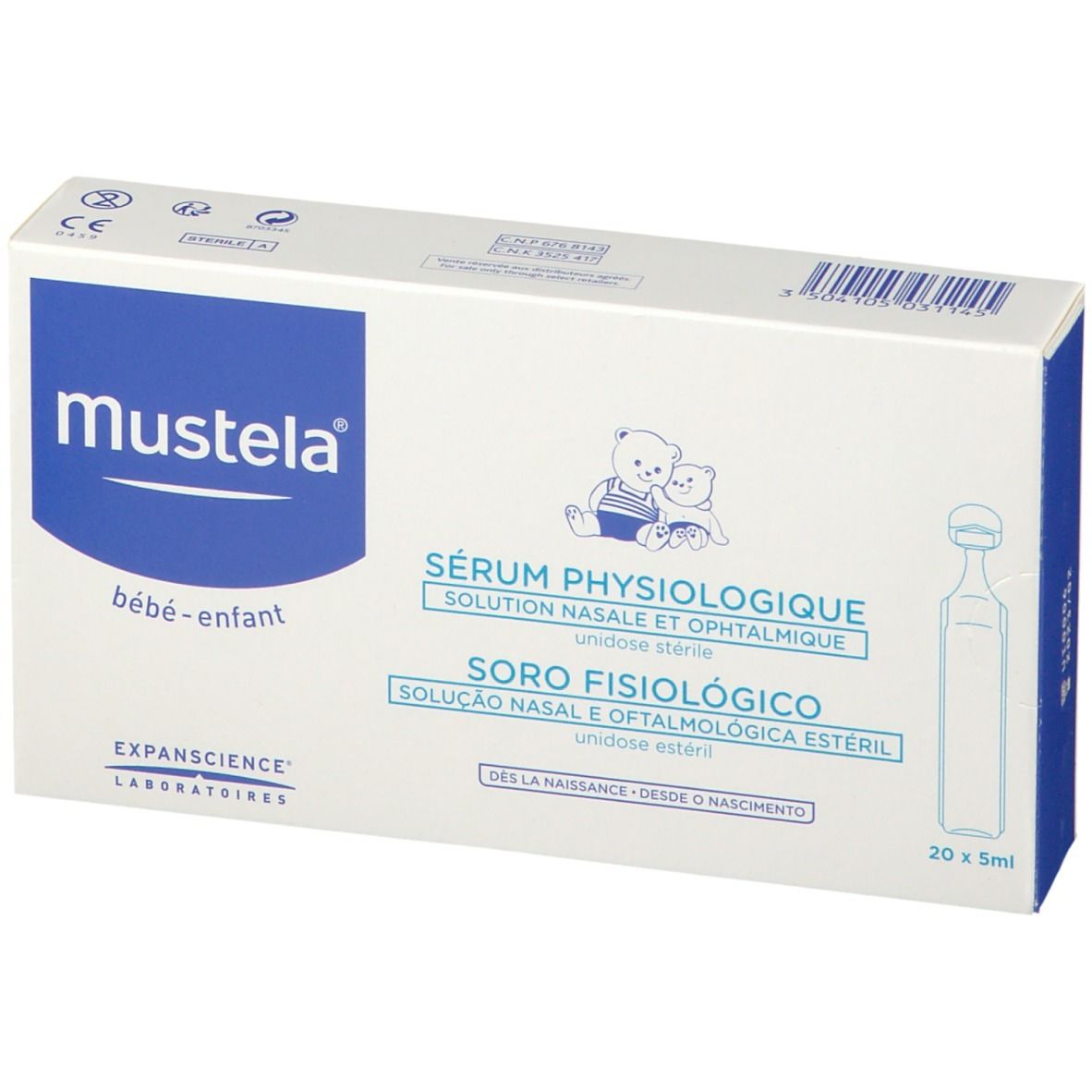 Karton mit Mustela-Produkt. Aufschrift: Sérum Physiologique, Soro Fisiologico. 20 x 5ml. Für Babys und Kinder.