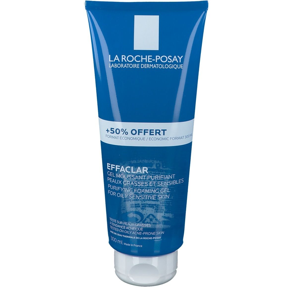 Tube bleu et blanc avec texte. La Roche-Posay, Effaclar, +50% Offert. Pour peaux grasses et sensibles. Fermeture blanche.