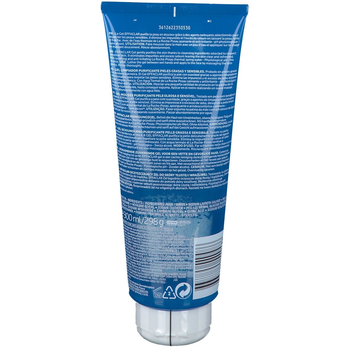 Dos du tube bleu. Texte et code-barres. Nom du produit: Effaclar. Pour peaux grasses et sensibles. Fermeture blanche.