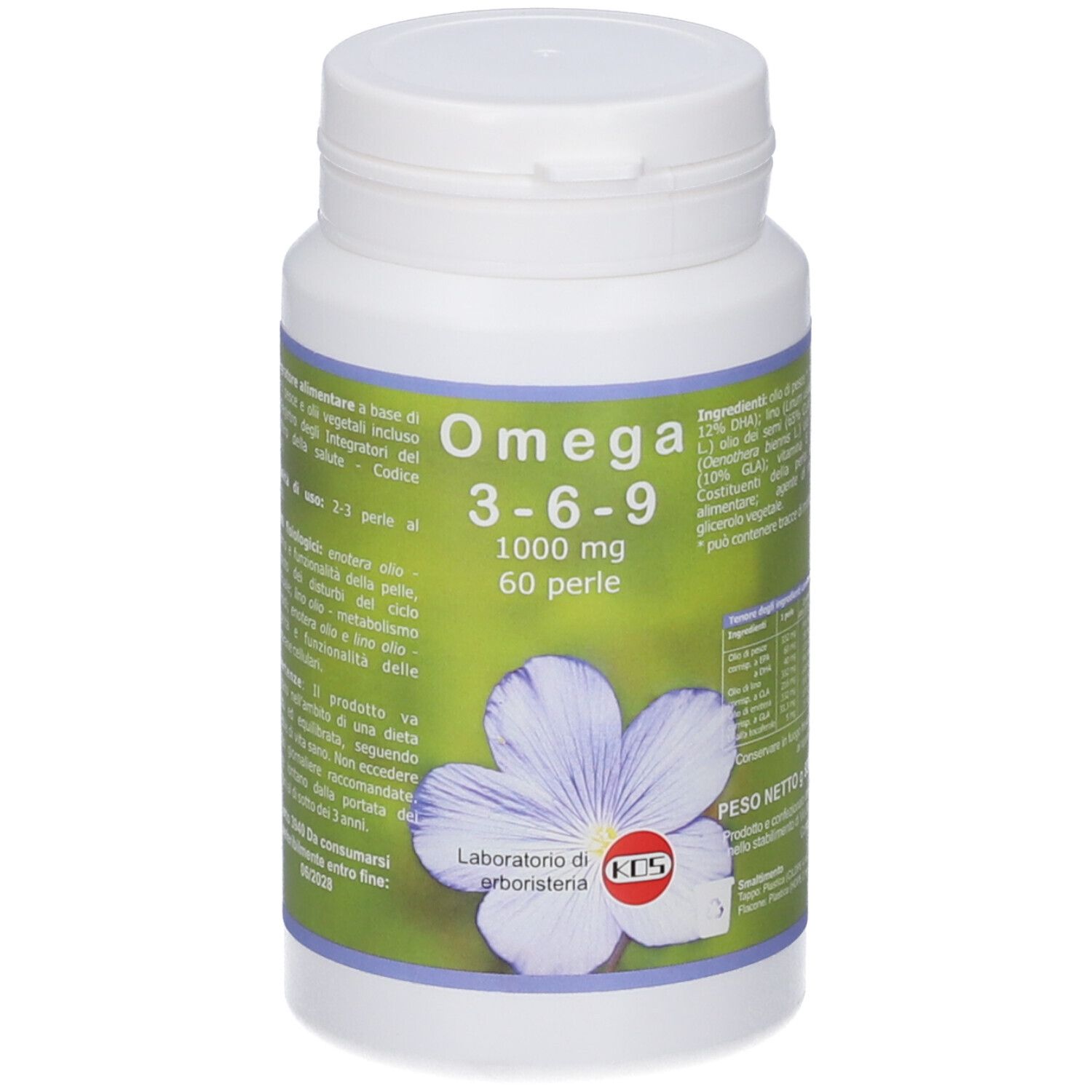 Weiße Flasche mit grünem Etikett. Aufschrift: Omega 3-6-9, 1000 mg, 60 Perlen. KOS-Logo und Blüte.