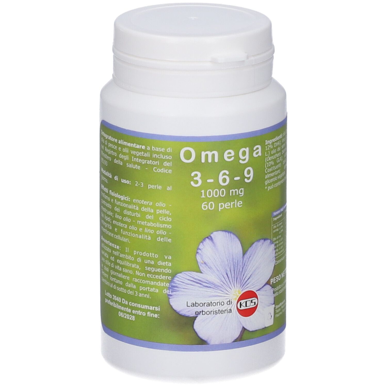 Weiße Flasche mit grünem Etikett. Aufschrift: Omega 3-6-9, 1000 mg, 60 Perlen. KOS-Logo und Blüte.