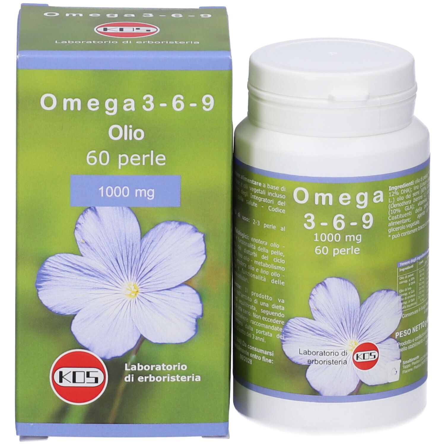 Produktverpackung mit Flasche und Schachtel. Aufschrift: Omega 3-6-9, 60 Perlen, 1000 mg. KOS-Logo und Blüte.