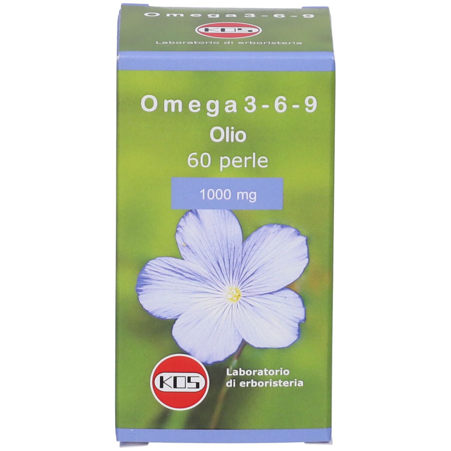 Grüne Schachtel mit Aufschrift: Omega 3-6-9, 60 Perlen, 1000 mg. KOS-Logo und Blüte.
