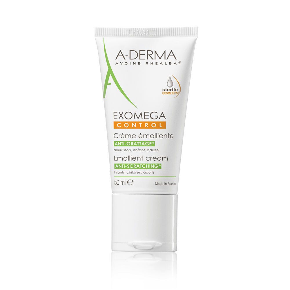 Tube blanche A-Derma EXOMEGA CONTROL. Logo vert. Contient 50 ml. Cosmétique stérile.