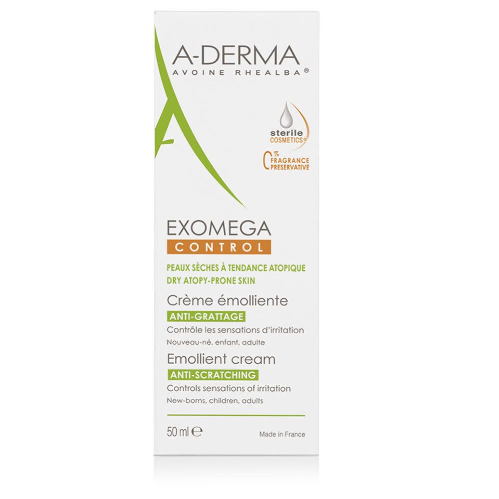 Emballage blanc A-Derma EXOMEGA CONTROL. Logo. Pour peaux sèches à tendance atopique. 50 ml.