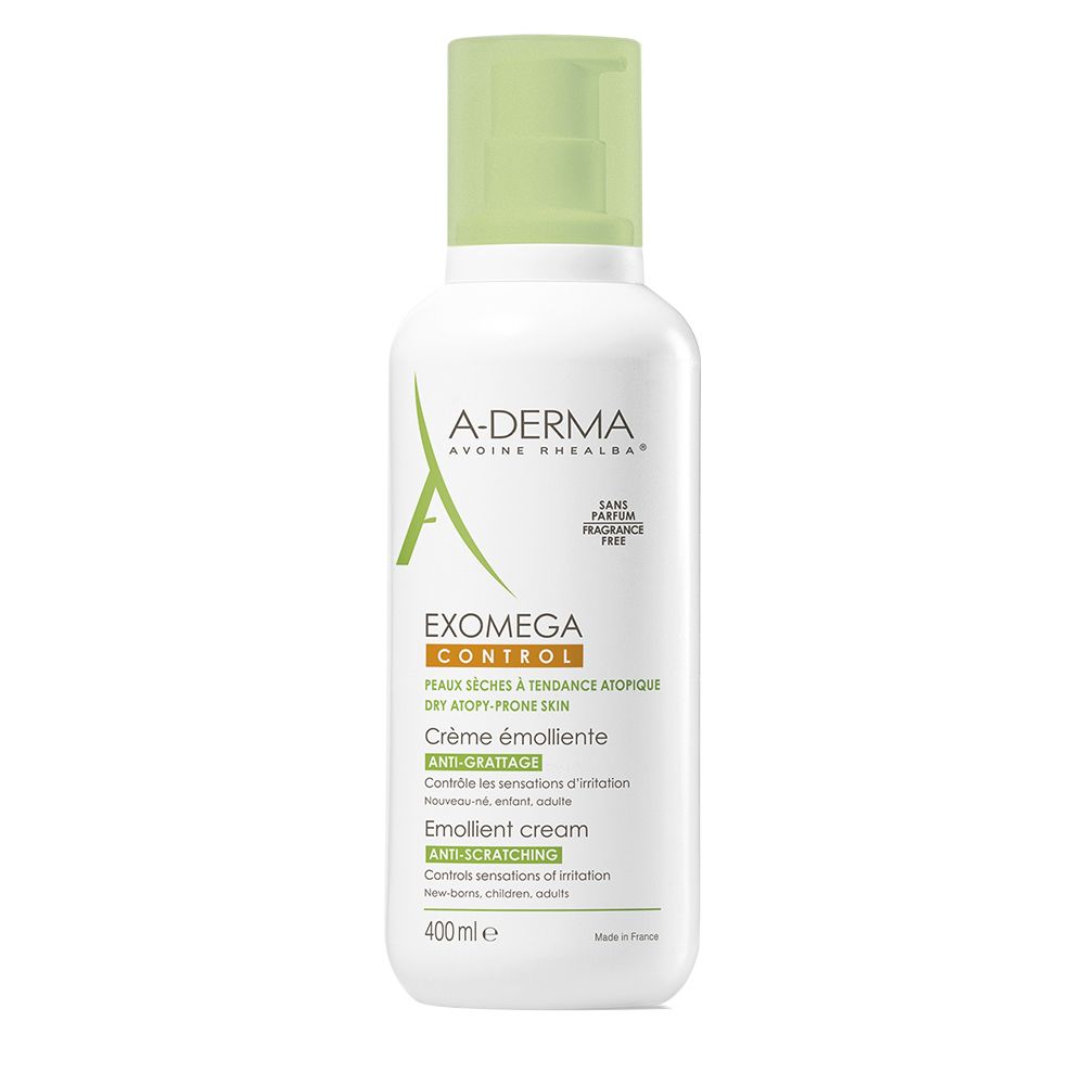 A-Derma Exomega Control Crème émolliente. Flacon blanc, bouchon vert. Inscriptions et logo du produit.
