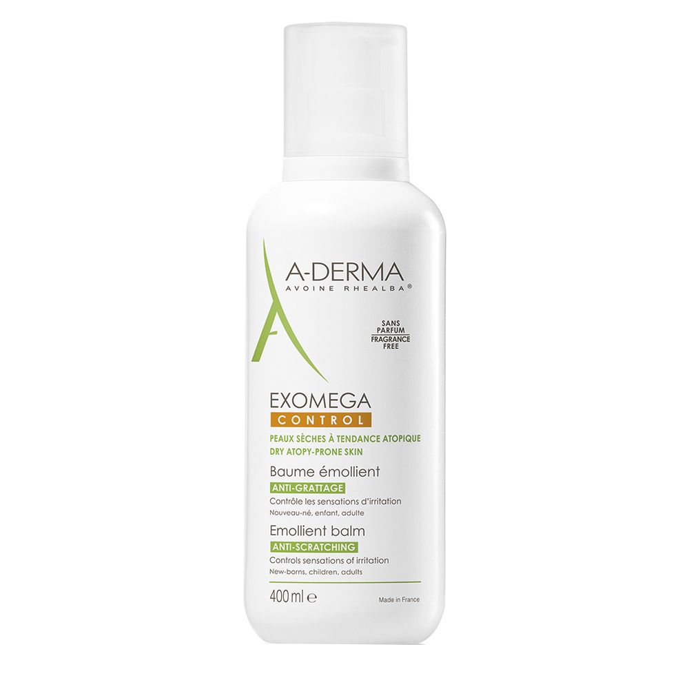 A-DERMA EXOMEGA CONTROL Balsam. Weiße Flasche mit grünem Logo und Text. 400ml. Ohne Duftstoffe.