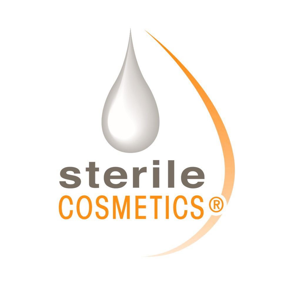 Logo. Tropfenförmiges Symbol mit Text: Sterile Cosmetics.