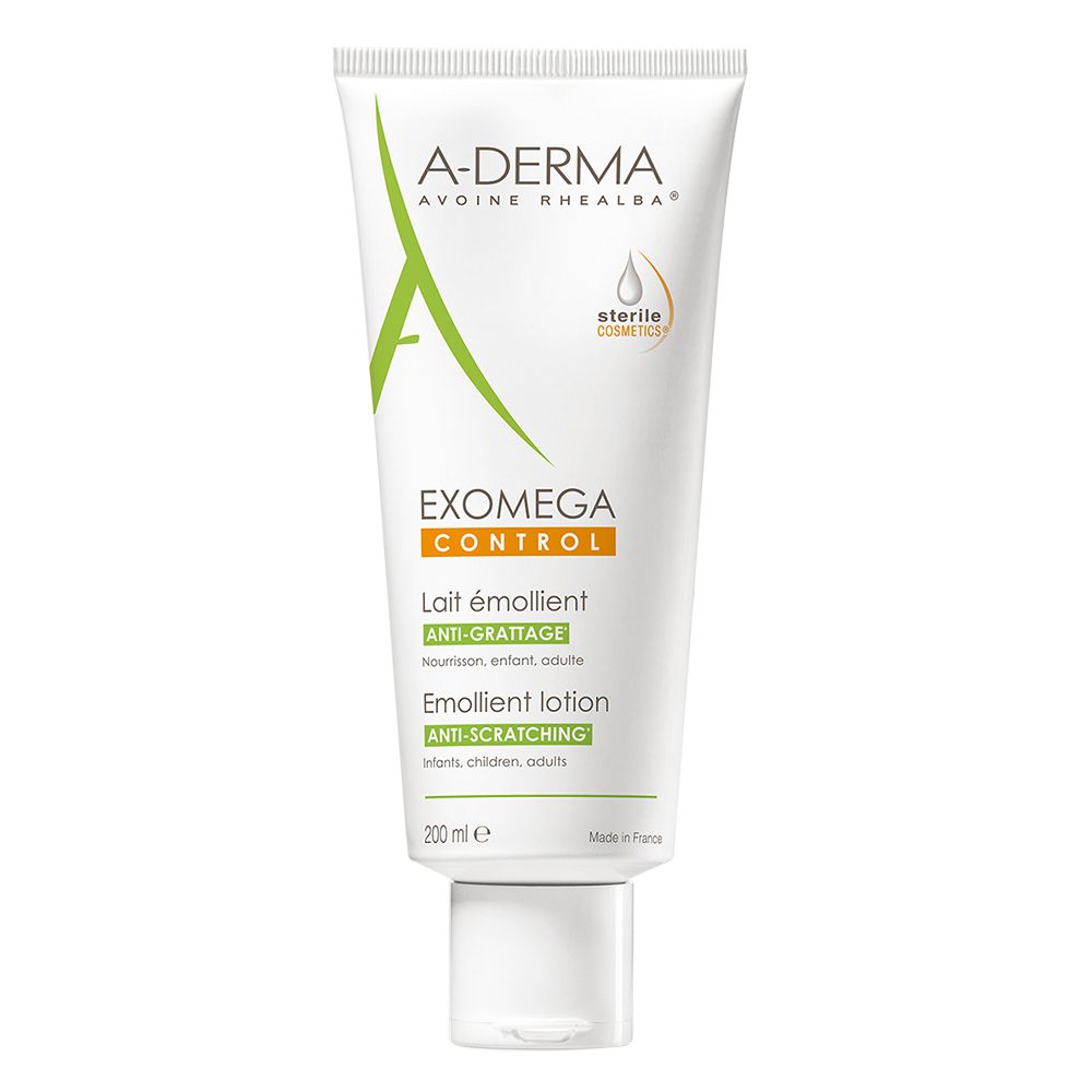 Weisse Tube mit grüner Schrift. A-Derma, Exomega Control, Emollient Lotion. 200 ml.