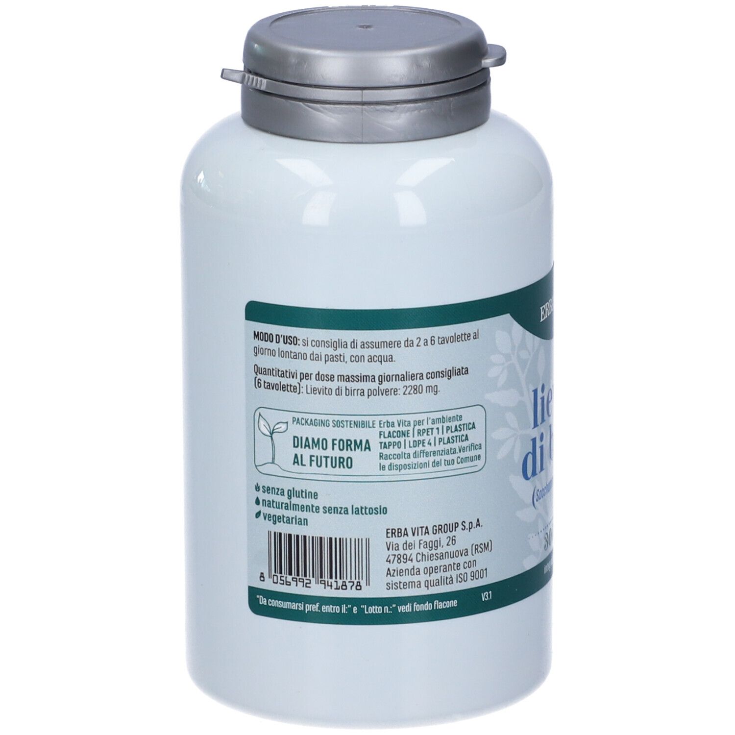 Dos du flacon blanc avec bouchon argenté. Texte : ERBA VITA, ingrédients, mode d'emploi, sans gluten, sans lactose.