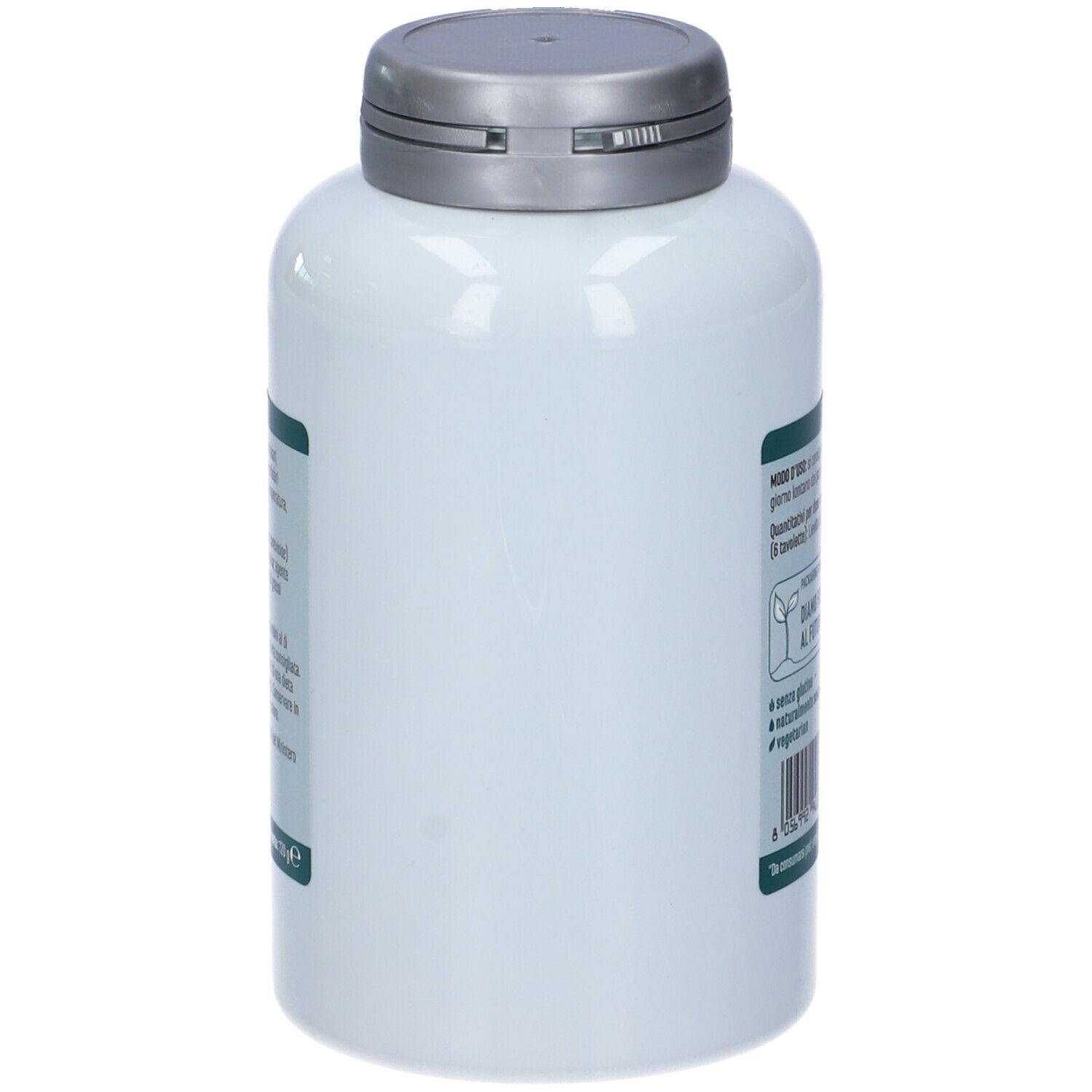 Flacon blanc avec bouchon argenté. Vue latérale. Texte et étiquette.