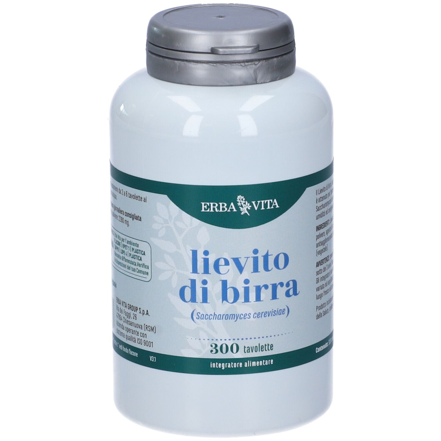 Flacon blanc avec bouchon argenté. Inscription : ERBA VITA, lievito di birra, 300 comprimés. Complément alimentaire.