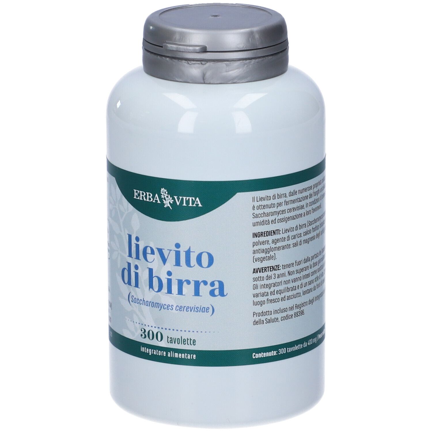 Flacon blanc avec bouchon argenté. Inscription : ERBA VITA, lievito di birra, 300 comprimés. Complément alimentaire.