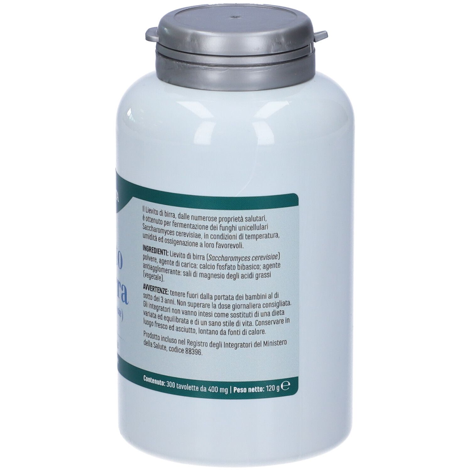 Dos du flacon blanc avec bouchon argenté. Texte : ERBA VITA, ingrédients, avertissements, 300 comprimés, 120g.