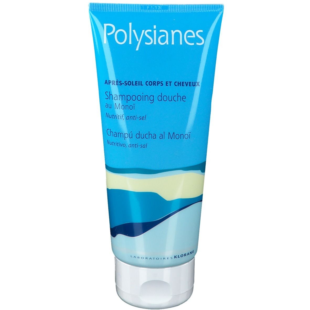 Türkisfarbene Tube mit weißem Verschluss. Aufschrift Polysianes und Produktbezeichnung. Blaue Wellenmuster.