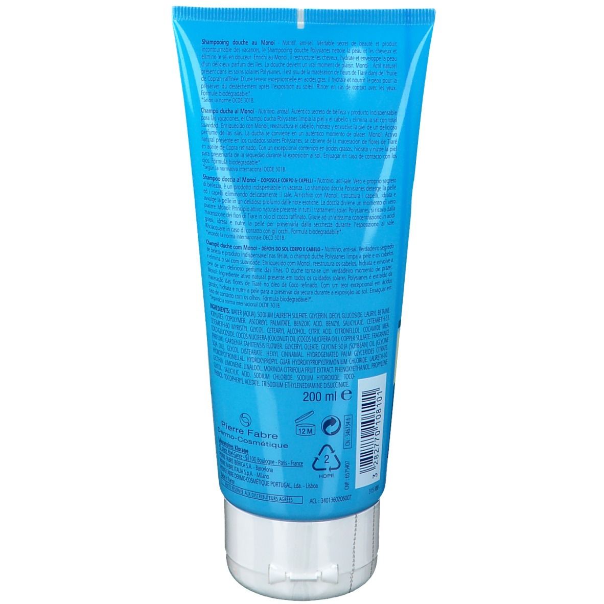 Rückseite der Tube. Text in mehreren Sprachen. Inhaltsstoffe und Herstellerangaben. 200 ml.