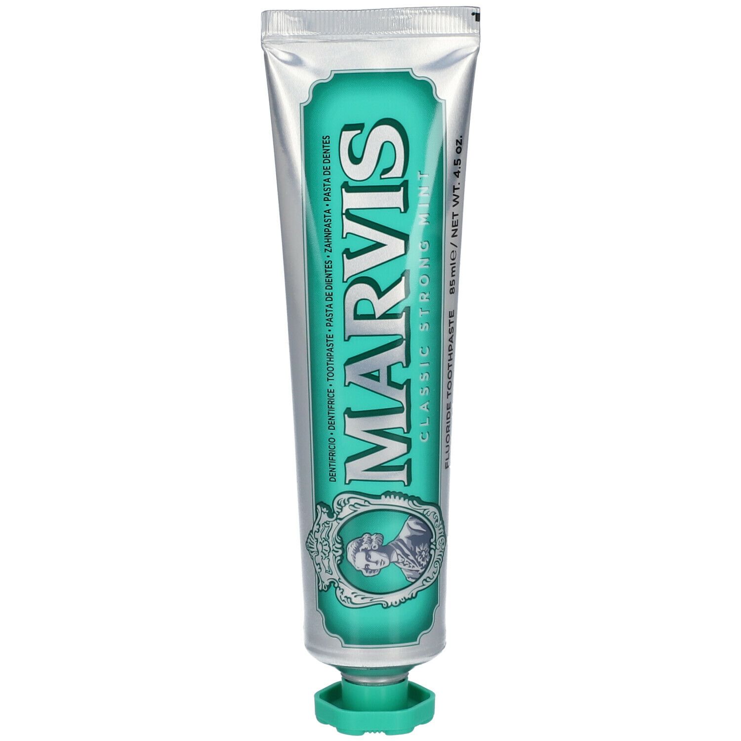 Zahnpasta-Tube, silberfarben mit grünem Verschluss. MARVIS-Logo und Produktname. Klassische Zahnpasta mit starker Minze.