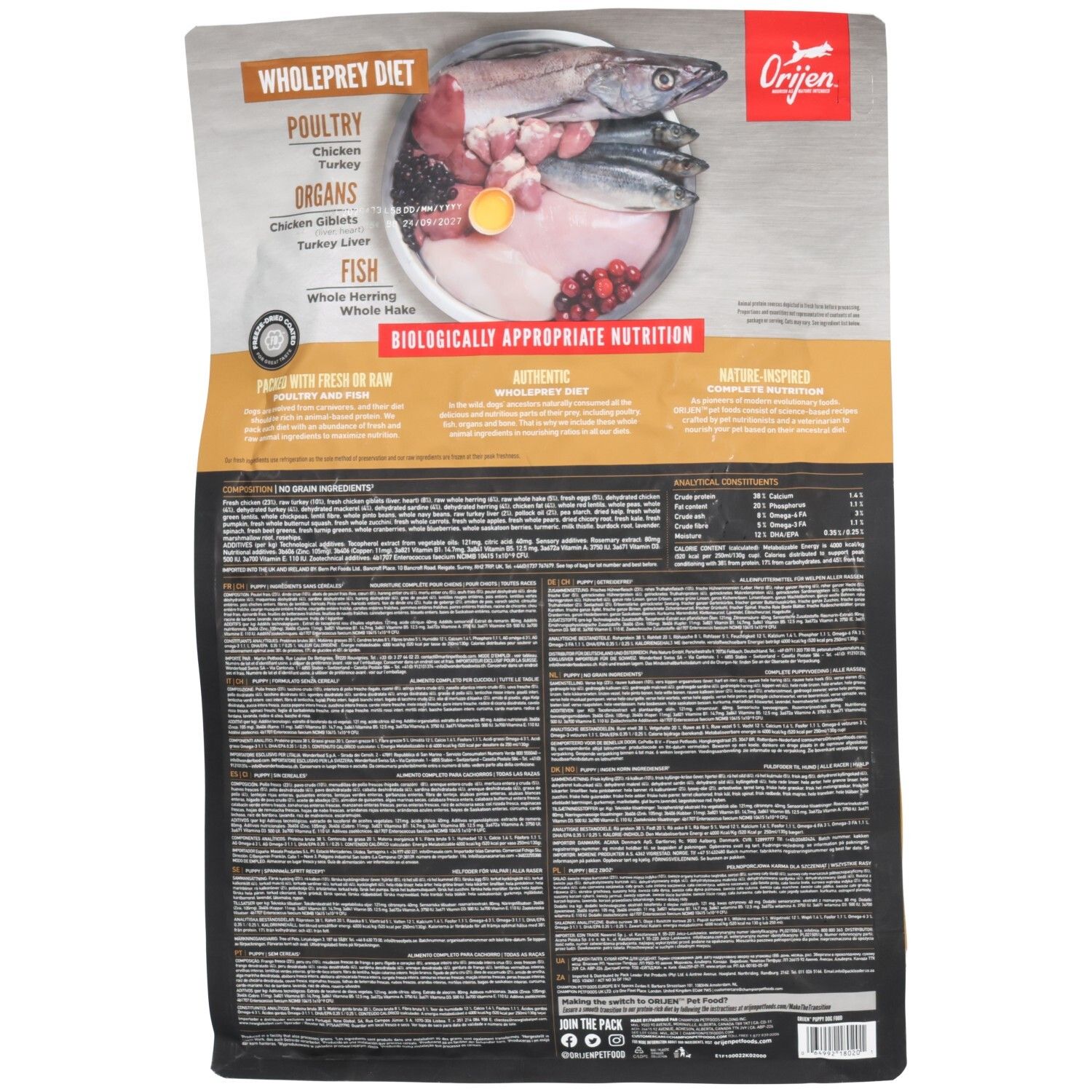 Orijen Puppy Hundefutter, 2kg Beutel. Rückseite mit Zutatenliste und Nährwertangaben.