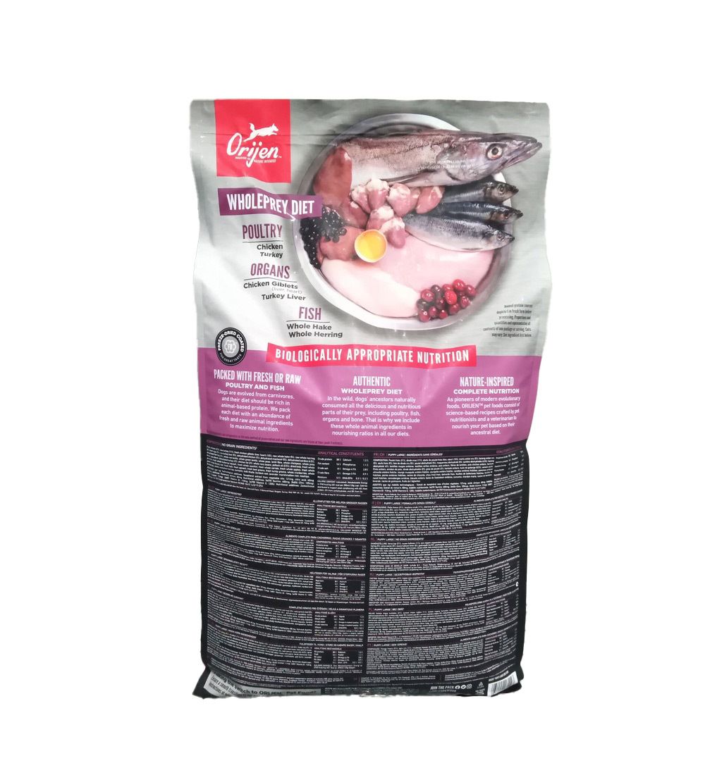 Rückseite des Hundefutterbeutels. Orijen-Logo, Text "Wholeprey Diet" und Abbildungen von Zutaten.