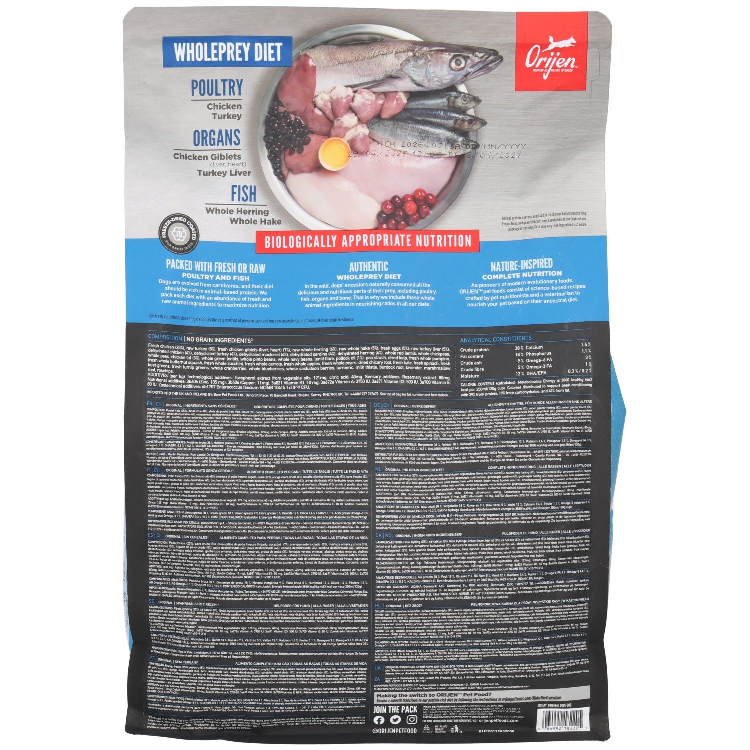 Arrière d'un sac de nourriture pour chien "Orijen Wholeprey Diet" avec liste des ingrédients.