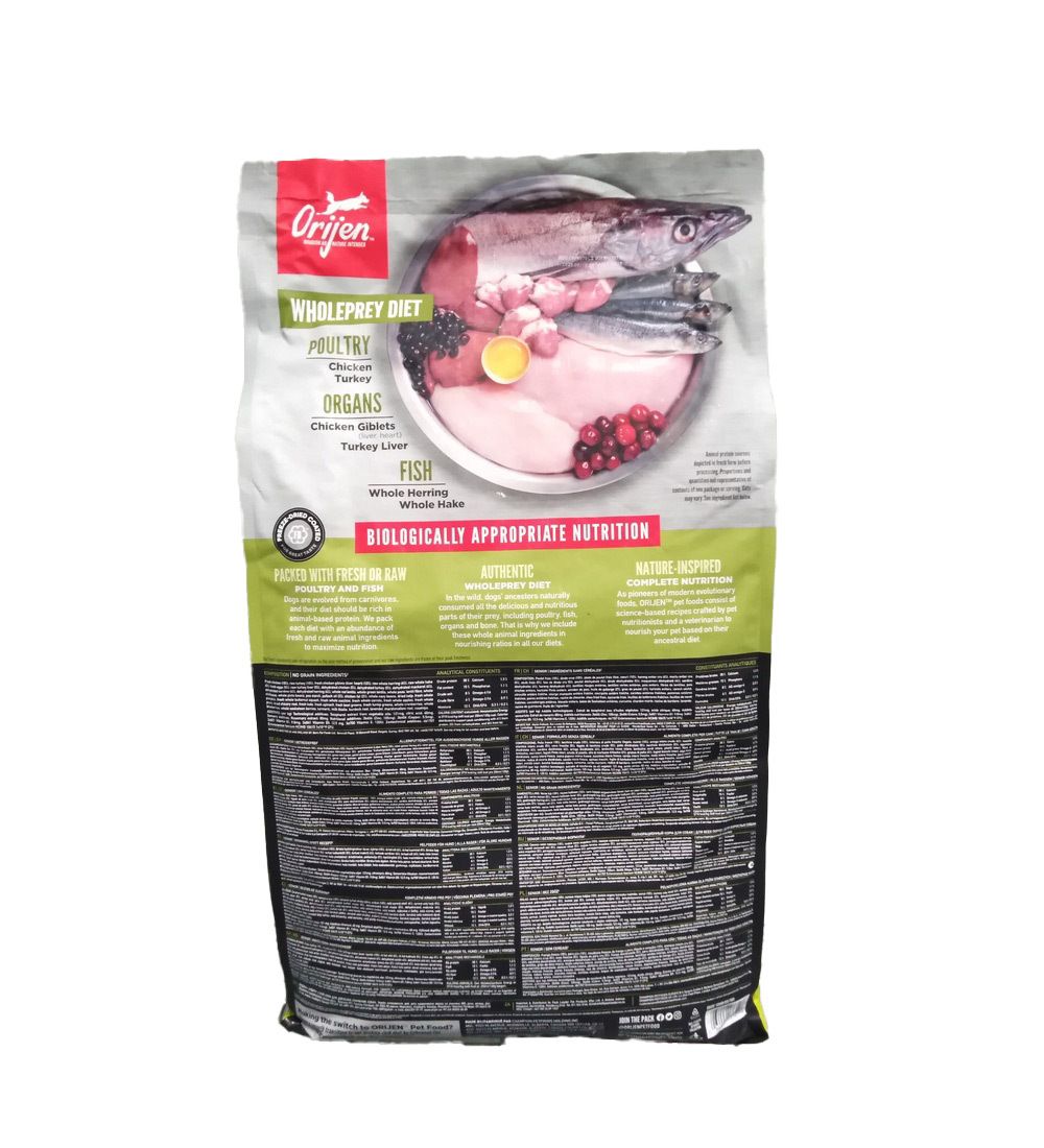 Rückseite des Hundefutterbeutels. Text: ORIJEN, Wholeprey Diet, Geflügel, Fisch. Mit authentischer Wholeprey-Diät.