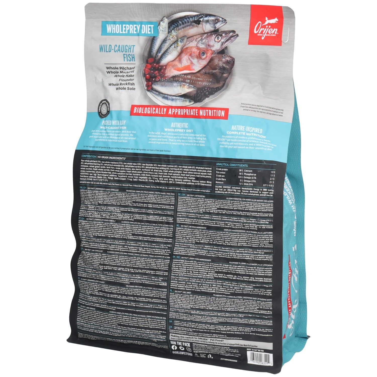 Rückseite der Verpackung ORIJEN DOG. Hauptmerkmale: Wholeprey Diet, biologisch angemessene Ernährung. Enthält Fischarten. Textinformationen.