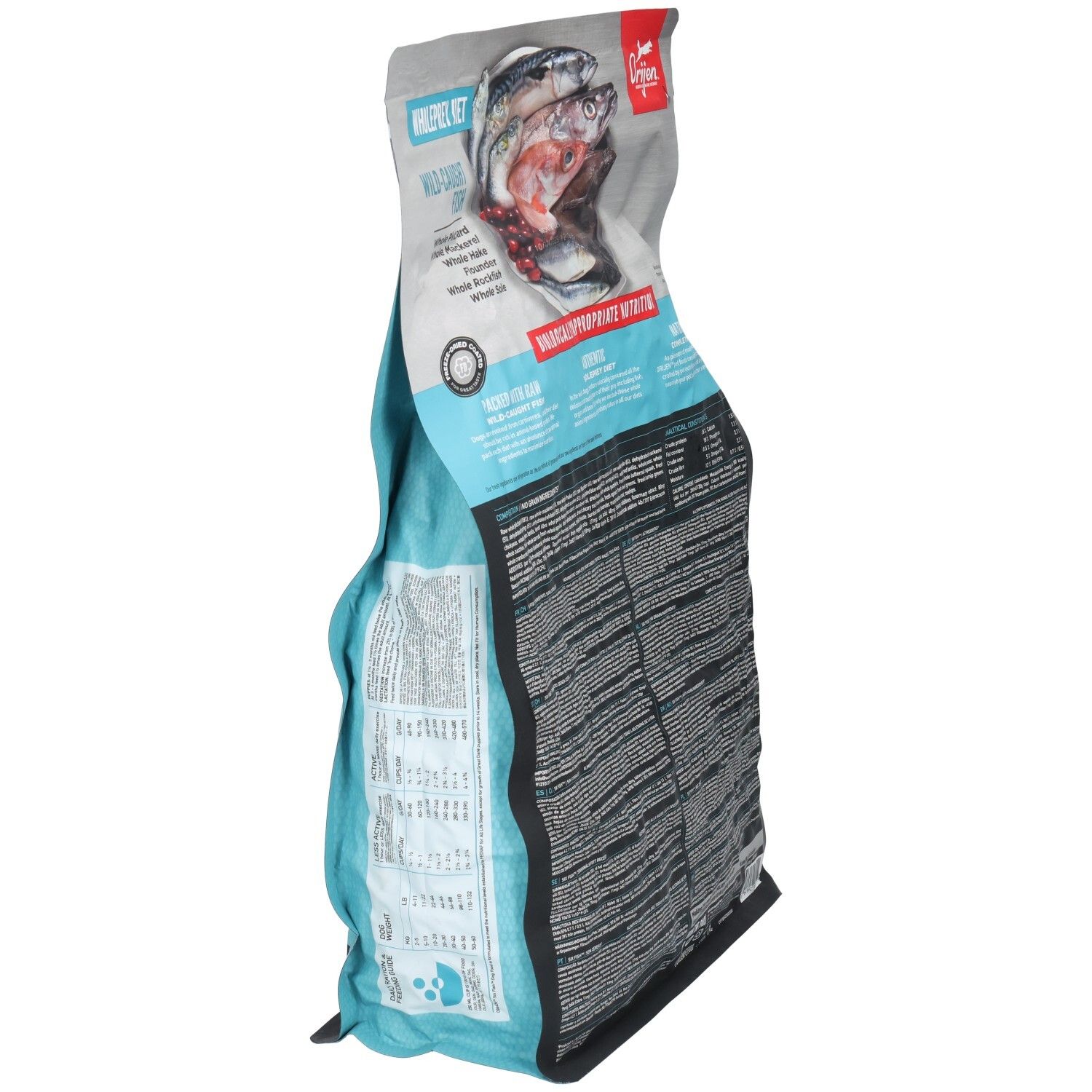 Verpackung ORIJEN DOG. Hauptmerkmale: Wholeprey Diet, biologisch angemessene Ernährung. Enthält Fischarten. Ansicht von der Seite.