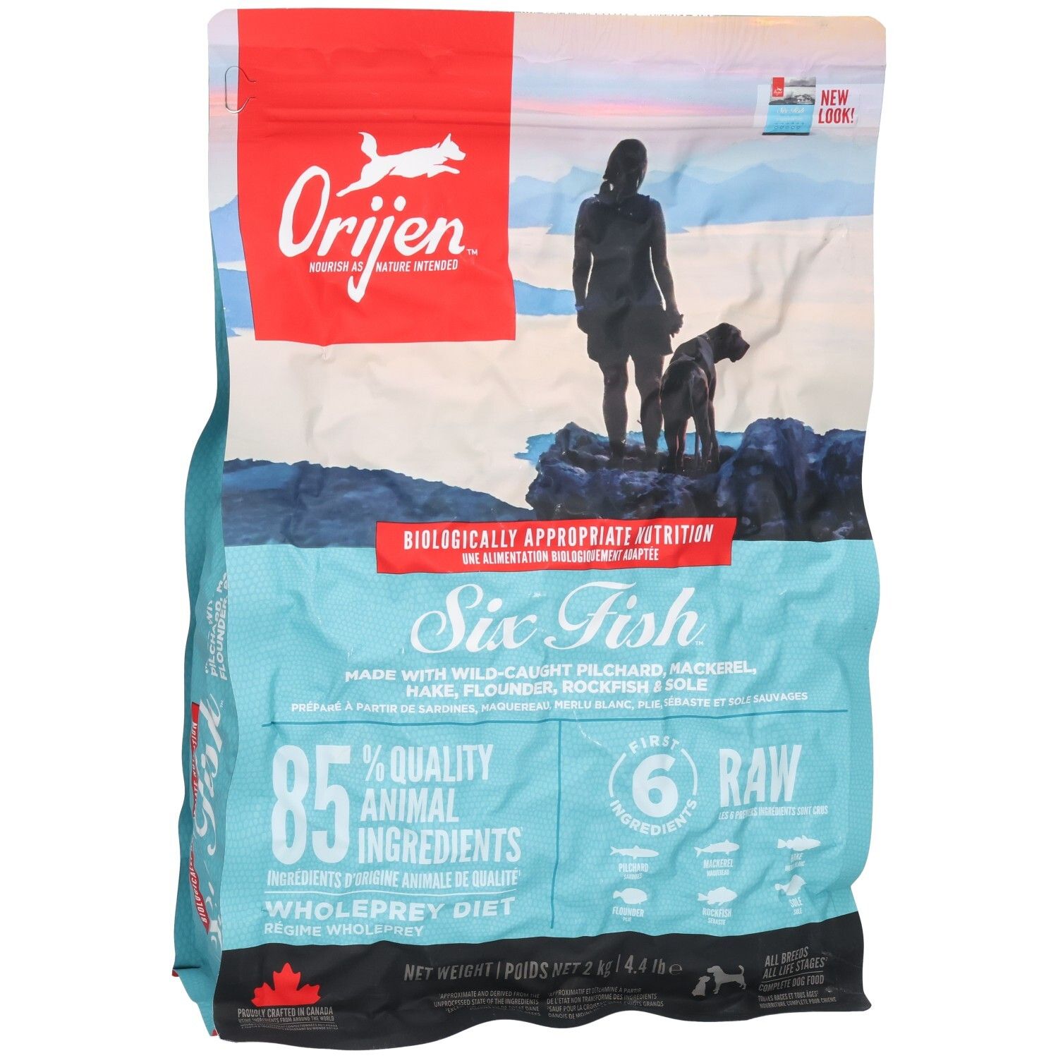 Beutel ORIJEN DOG 6 FISH. Hauptmerkmale: Six Fish, 85% tierische Zutaten, 6 Rohzutaten. Enthält Fischarten. Verpackung mit Frau und Hund.