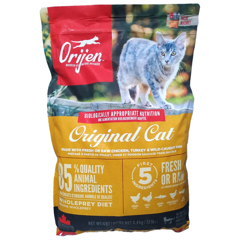 Sac d'aliments secs Orijen Original Cat avec un chat et l'inscription "85% Quality Animal Ingredients".