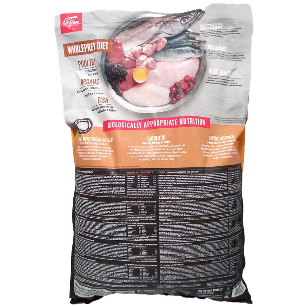 Arrière du sac d'aliments secs Orijen Original Cat avec aperçu des ingrédients et informations nutritionnelles.