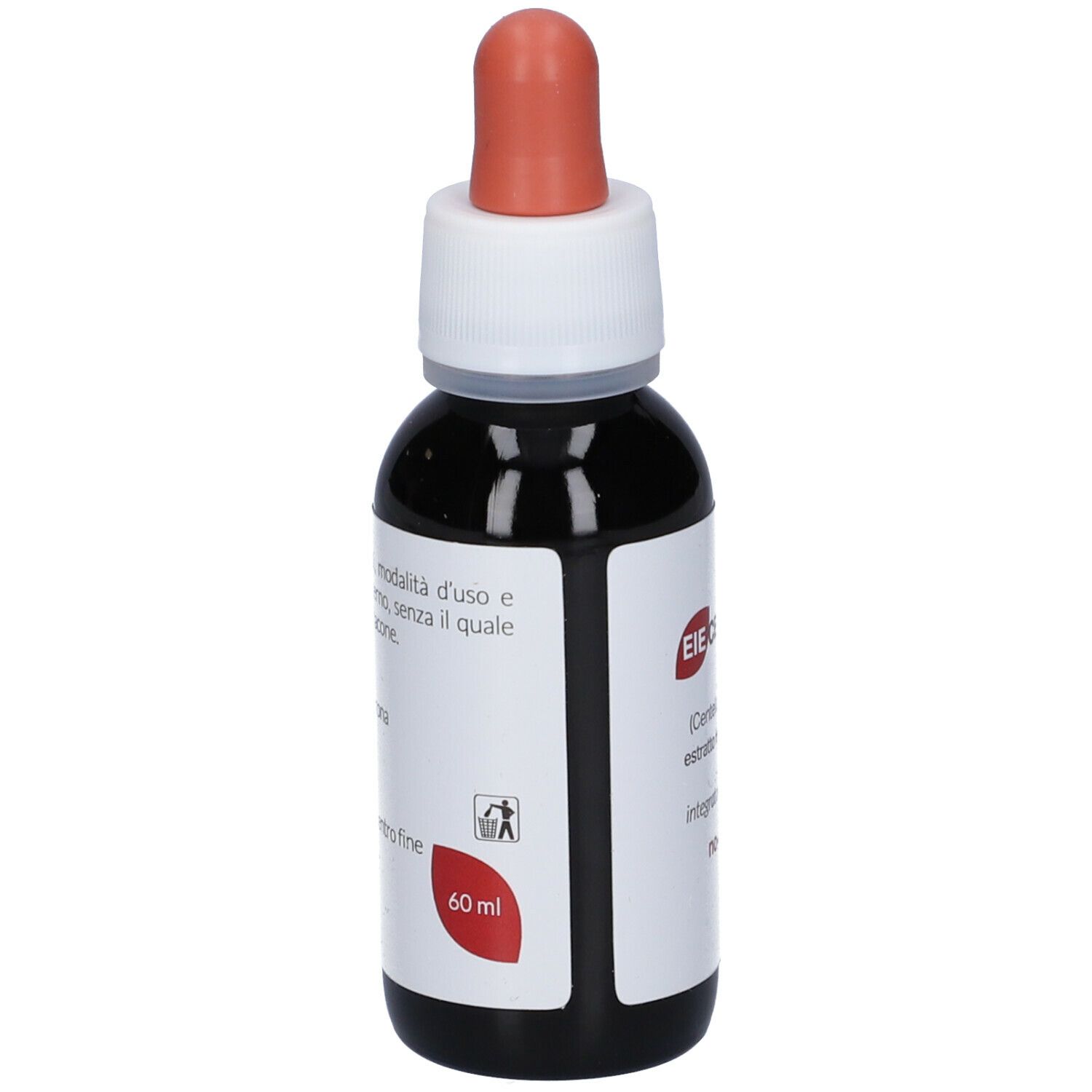 Flacon en verre brun avec bouchon blanc et pipette rouge. Étiquette avec informations, 60 ml.