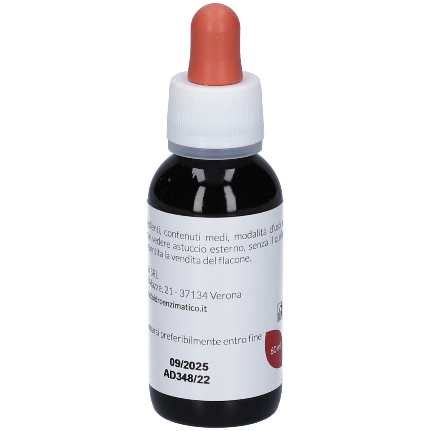 Flacon en verre brun avec bouchon blanc et pipette rouge. Étiquette avec informations, date de péremption.