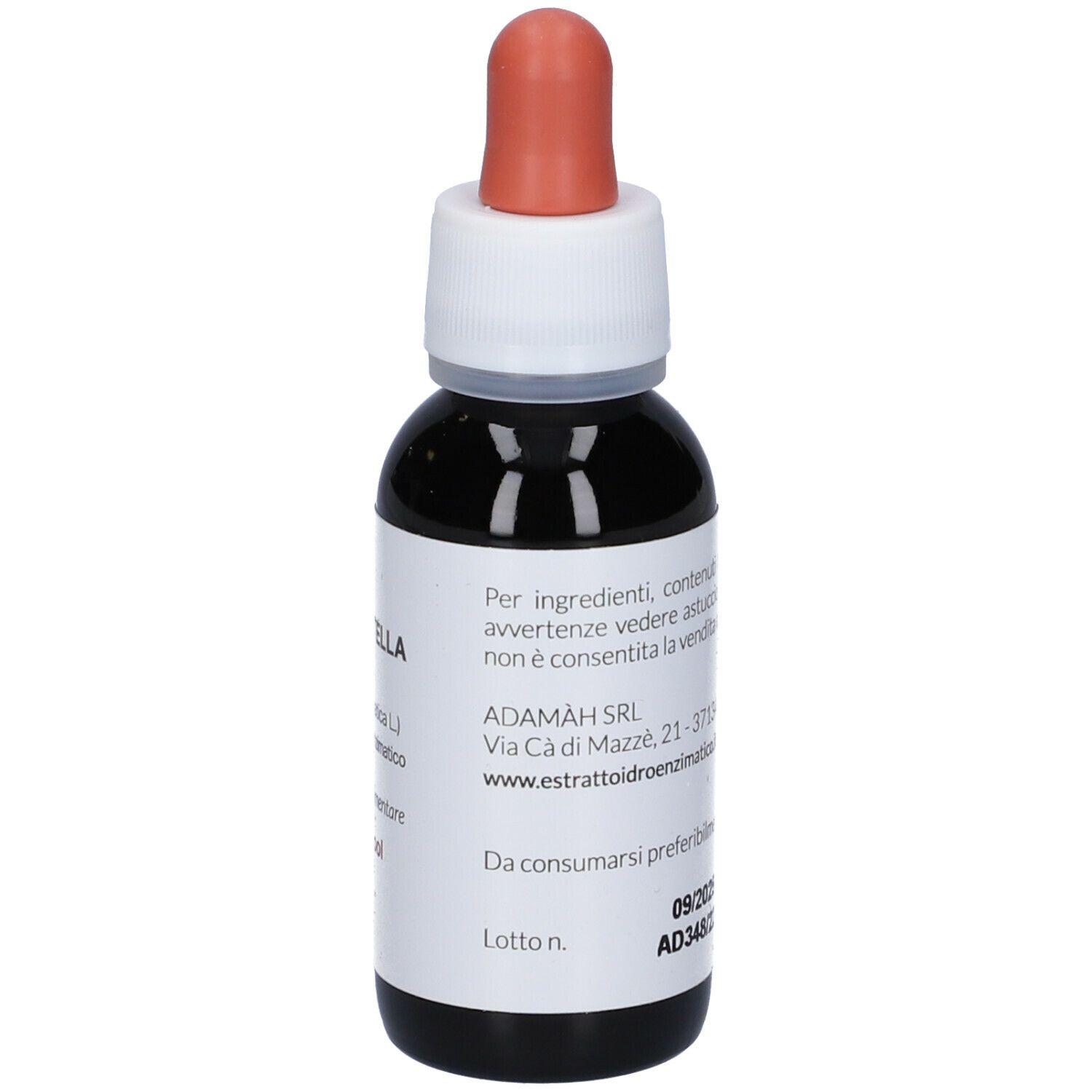 Flacon en verre brun avec bouchon blanc et pipette rouge. Étiquette avec informations, adresse du fabricant.