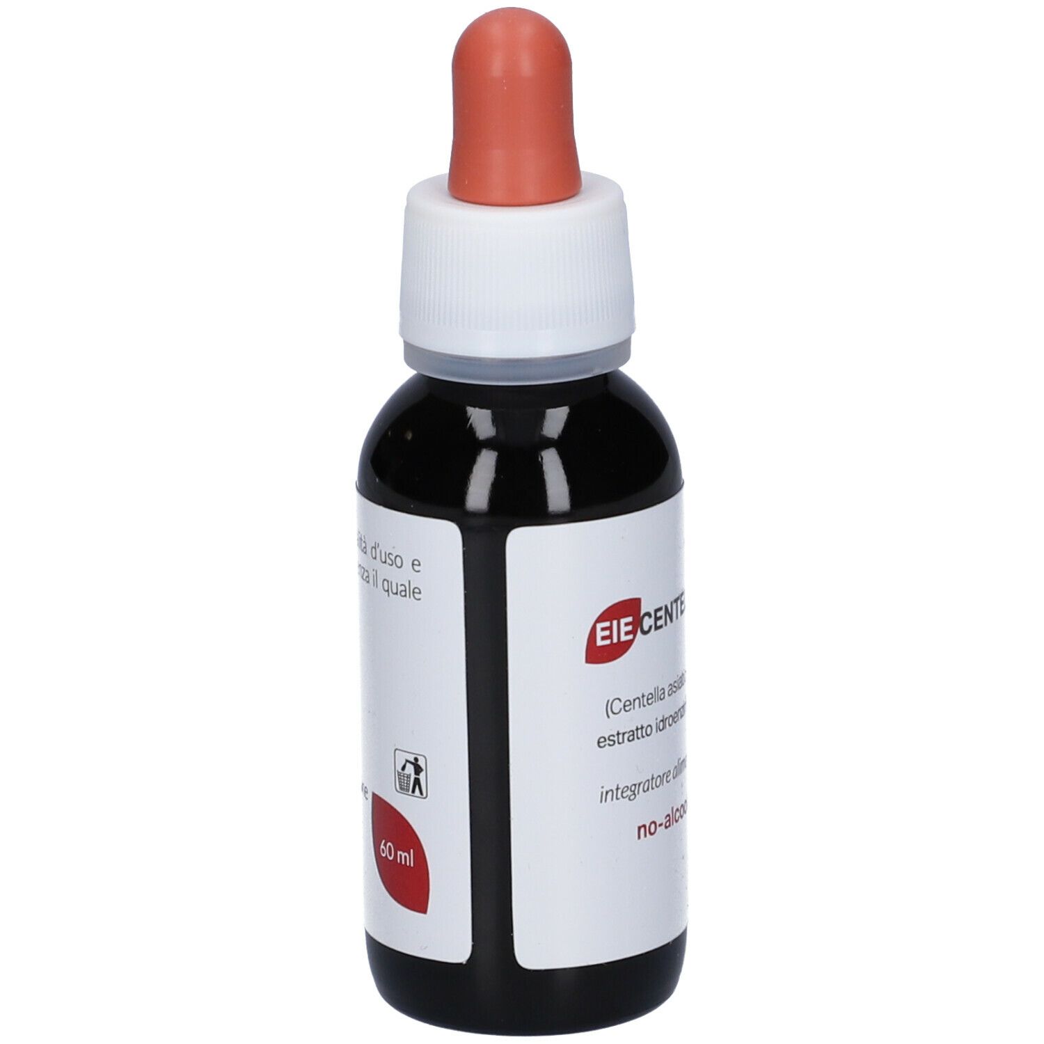 Flacon en verre brun avec bouchon blanc et pipette rouge. Étiquette avec informations, 60 ml.