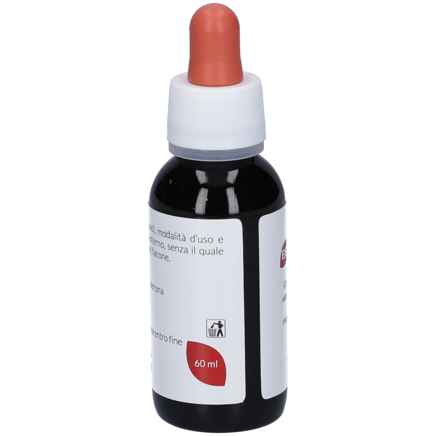 Flacon en verre brun avec bouchon blanc et pipette rouge. Étiquette avec informations, 60 ml.