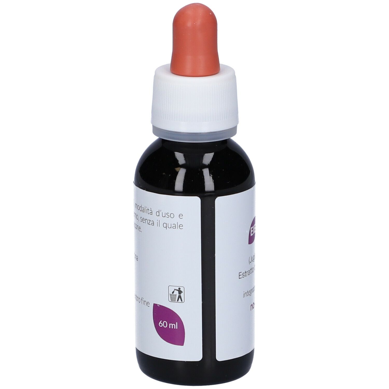 Flacon en verre brun avec bouchon blanc et pipette rose. Étiquette avec texte. 60 ml.