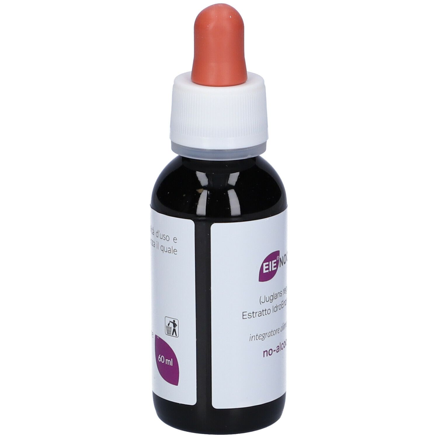 Flacon en verre brun avec bouchon blanc et pipette rose. Étiquette avec nom du produit, texte et 60 ml.