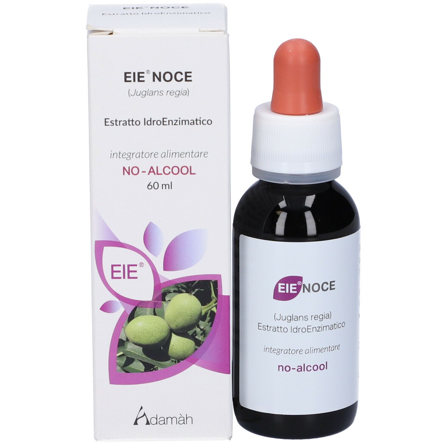 Flacon et emballage du produit. Flacon avec pipette rose. Emballage avec nom du produit et illustration.