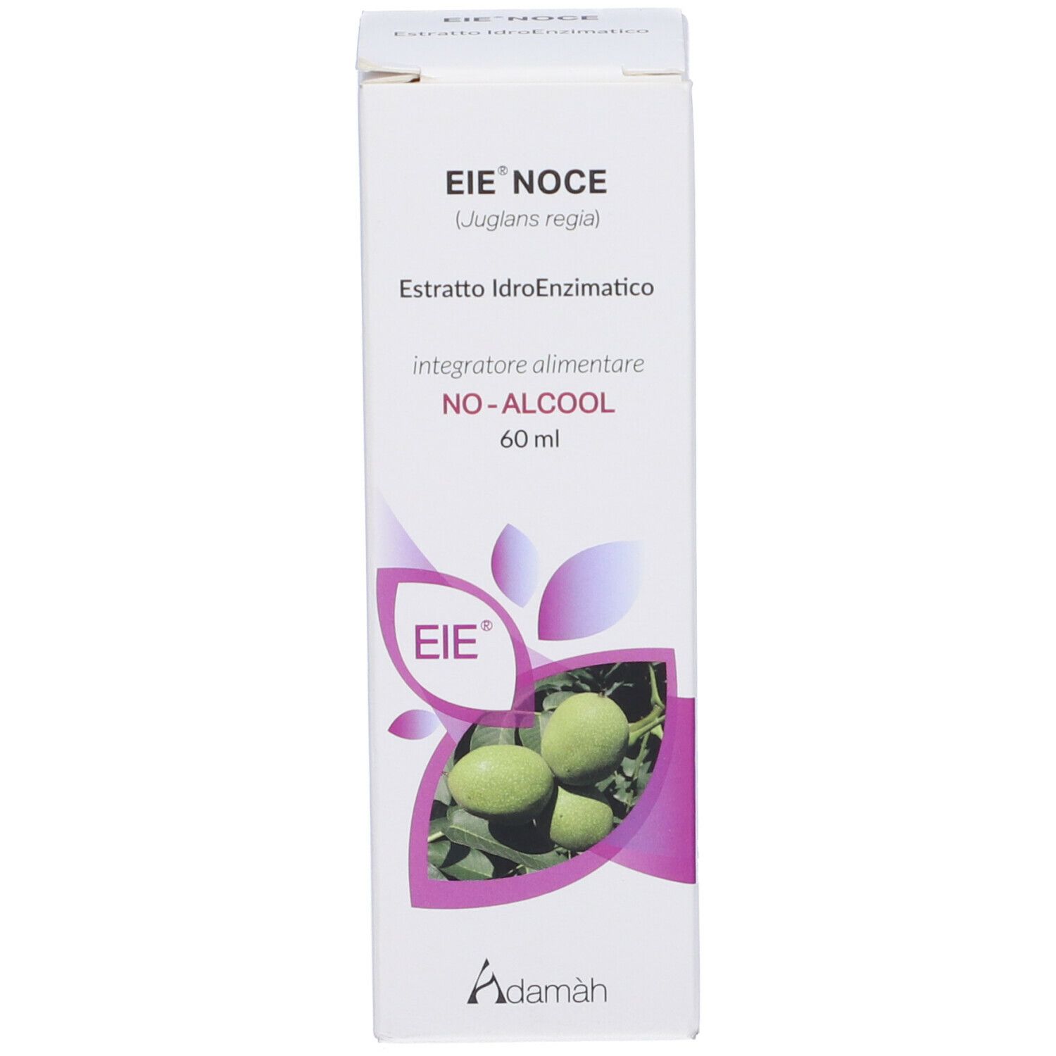 Emballage blanc du produit avec nom, illustration de noix et texte.