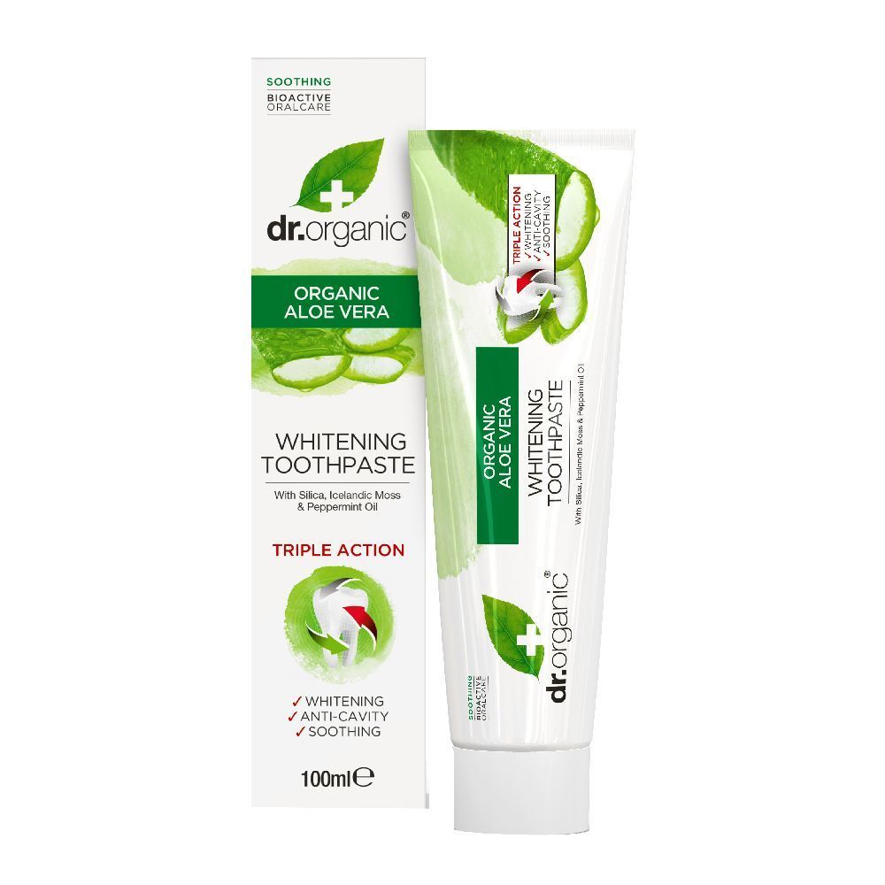 Zahnpasta-Tube und Schachtel. Tube mit grünem Streifen und Aloe Vera-Motiv. Aufschrift: Dr. Organic, Organic Aloe Vera, Whitening Toothpaste.