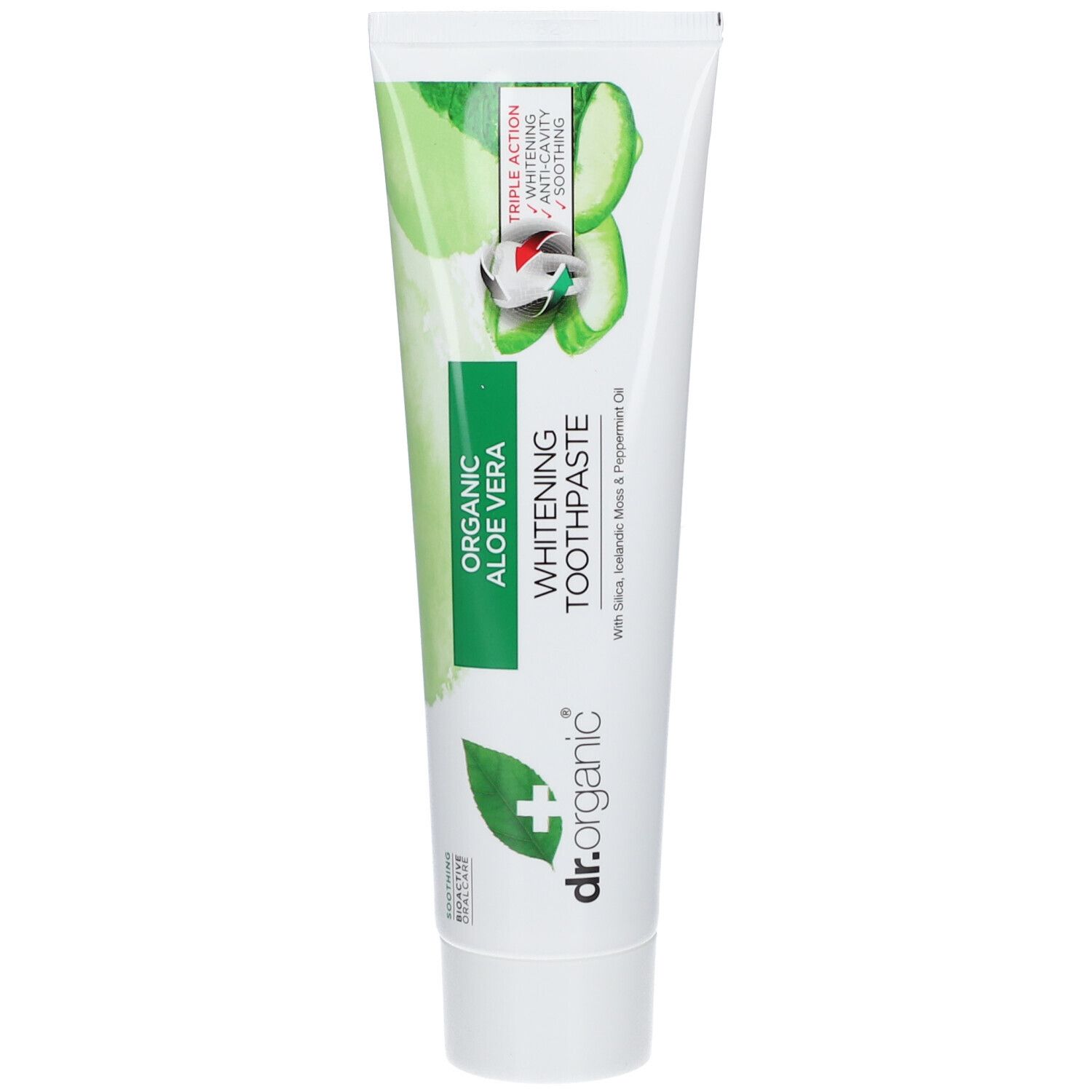 Zahnpasta-Tube. Aufschrift: Organic Aloe Vera Whitening Toothpaste. Grün-weißes Design. Rückseite mit Text.