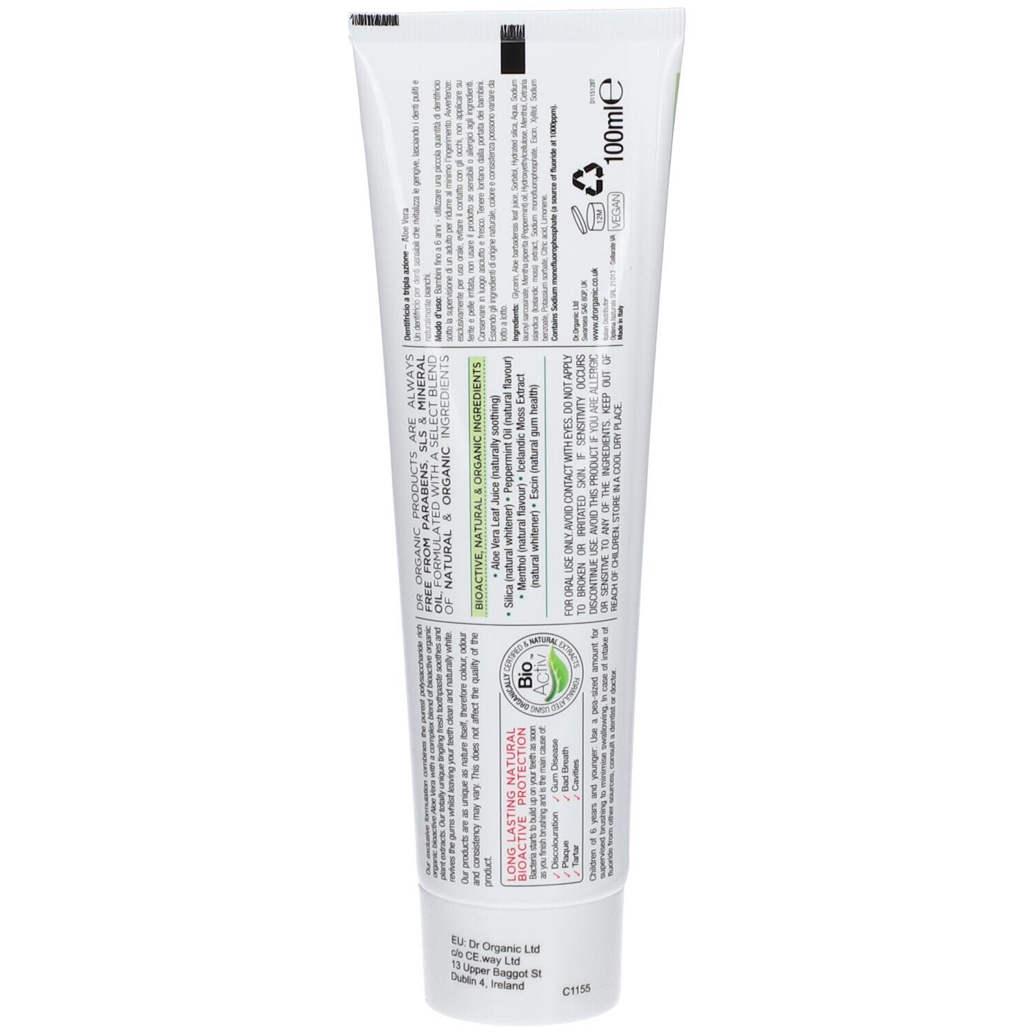 Zahnpasta-Tube und Schachtel. Aufschrift: Organic Aloe Vera Whitening Toothpaste. Grün-weißes Design.