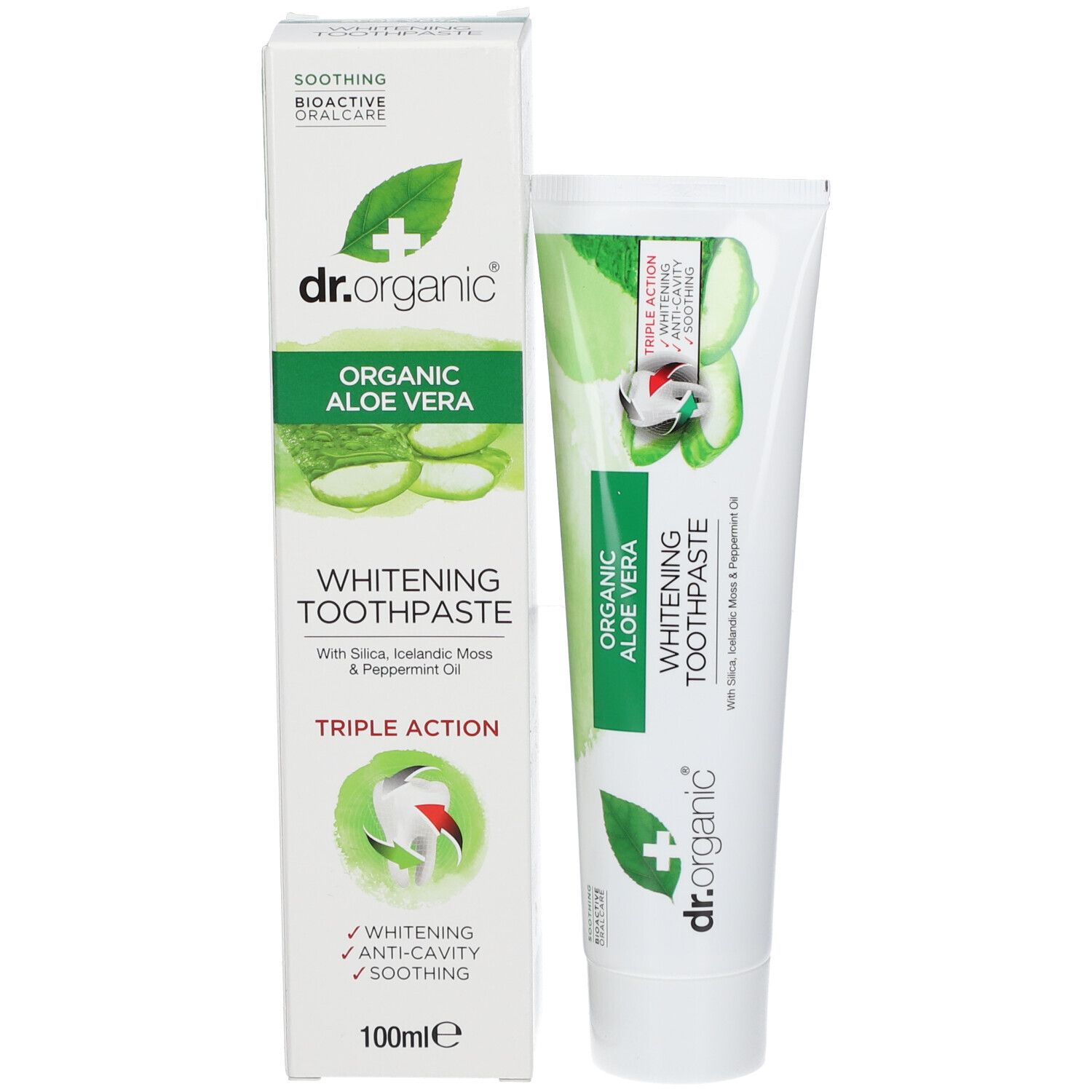 Zahnpasta-Tube und Schachtel. Aufschrift: Organic Aloe Vera Whitening Toothpaste. Grün-weißes Design.