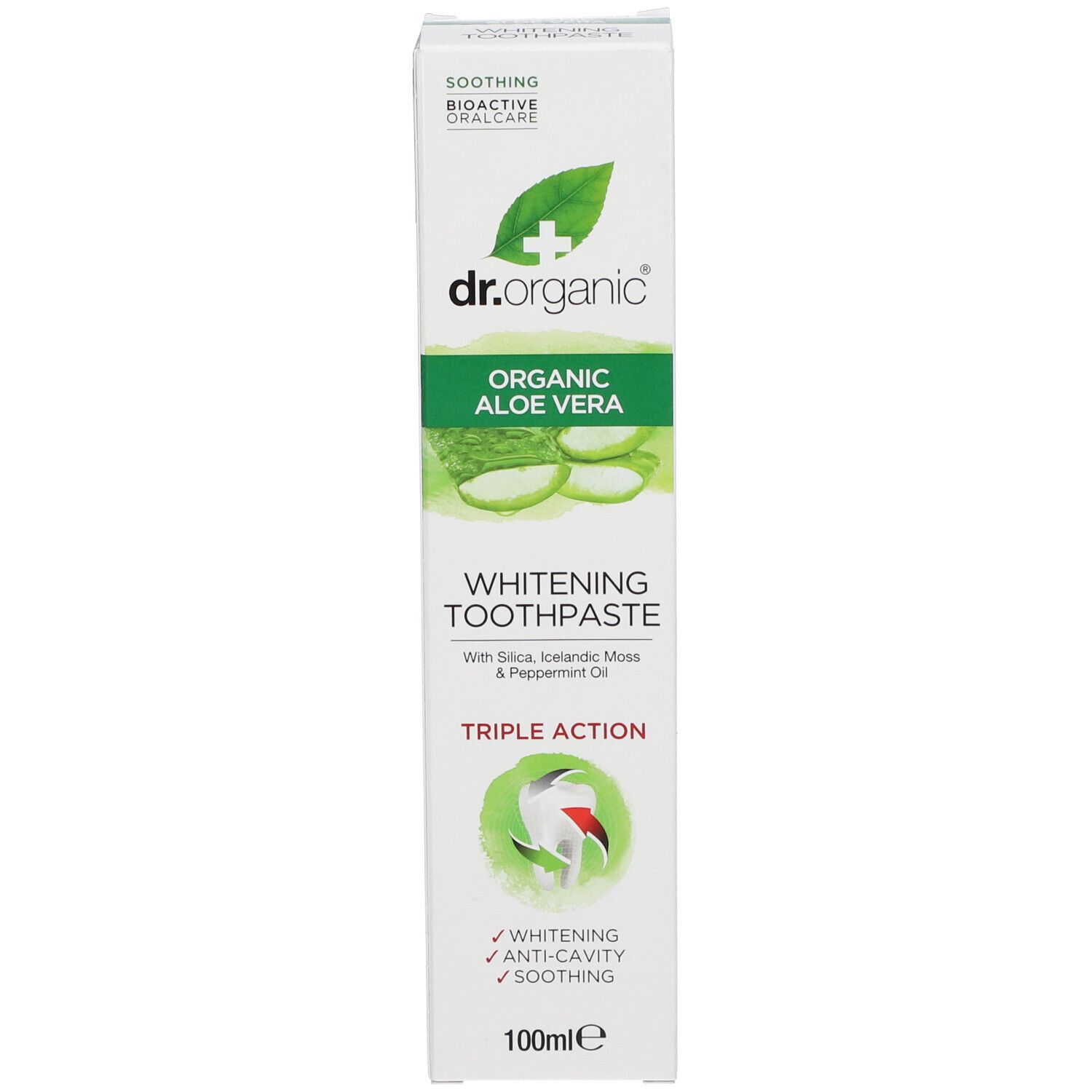 Zahnpasta-Tube und Schachtel. Aufschrift: Organic Aloe Vera Whitening Toothpaste. Grün-weißes Design.