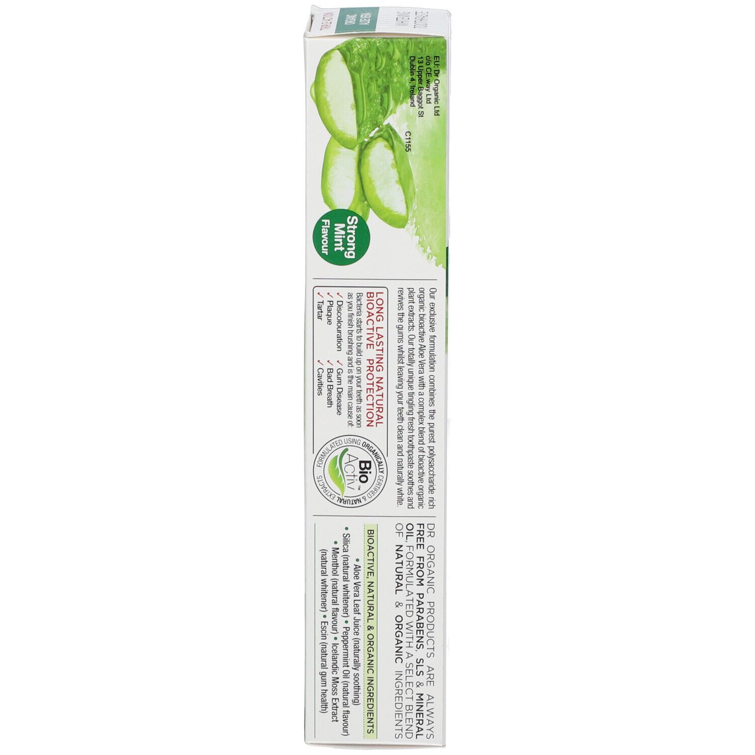 Schachtel. Aufschrift: Organic Aloe Vera Whitening Toothpaste. Grün-weißes Design. Rückseite mit Text.