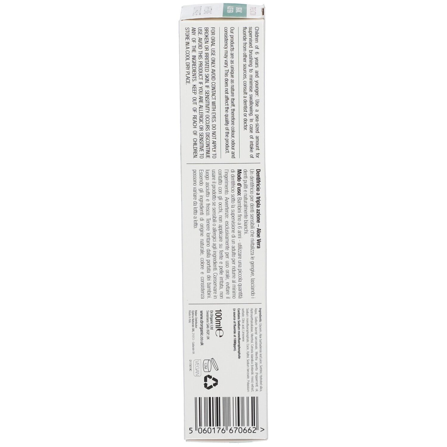 Rückseite der Zahnpasta-Tube. Text und Logos. Grün-weißes Design.