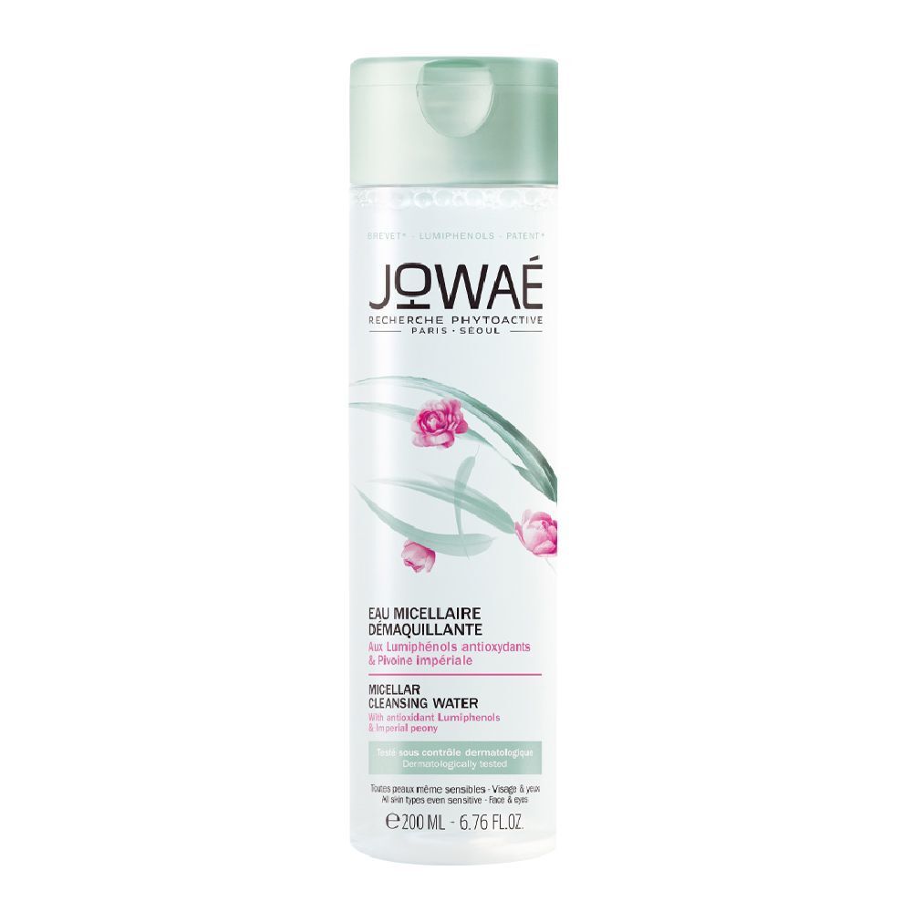 JOWAÉ Micellar Make-up Entferner Wasser. Flasche mit grünem Deckel, weißem Etikett und floralem Design.