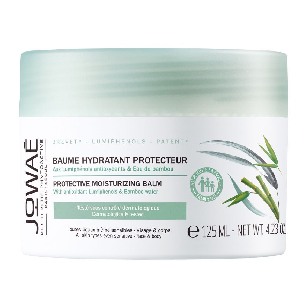 Pot de crème avec couvercle. Inscription : BAUME HYDRATANT PROTECTEUR. Marque : JOWAÉ. Emballage vert et blanc.