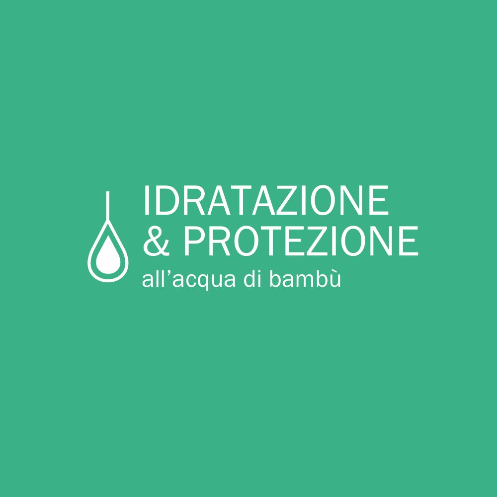 Logo avec goutte d'eau et texte : IDRATAZIONE & PROTEZIONE all'acqua di bambù. Fond vert.