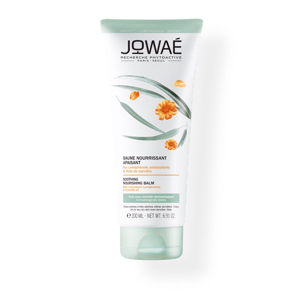 Creme-Tube mit grünem Deckel. Aufschrift: JOWAÉ, Baume Nourrissant Apaisant. 200 ml.